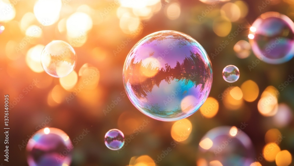 Poster floating soap bubbles with reflected sunlight and blurred bokeh background