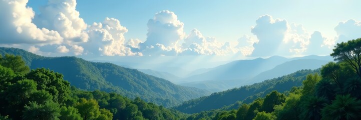 Obraz premium Breathtaking view of fluffy clouds over lush forest, clouds, sky