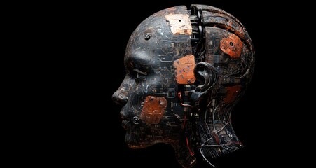 the head and shoulders of an advanced humanoid robot, half its face is made up of wires and circuitry