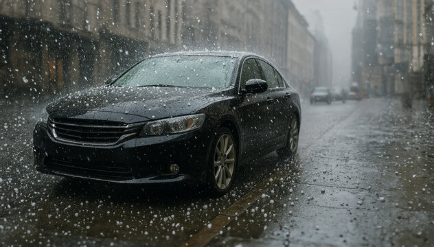 A car in a hail storm on a downtown street,  parked in the city. A weather damaged vehicle low angle, hail stones on ground, hail damaged car, severe weather insurance claim, copyspace - deductible