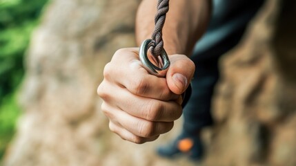 A close-up view of a hand gripping a sturdy rope connected to a metal ring, showcasing strength and determination. The hand is in sharp focus, with the rugged terrain forming a natural backdrop.
