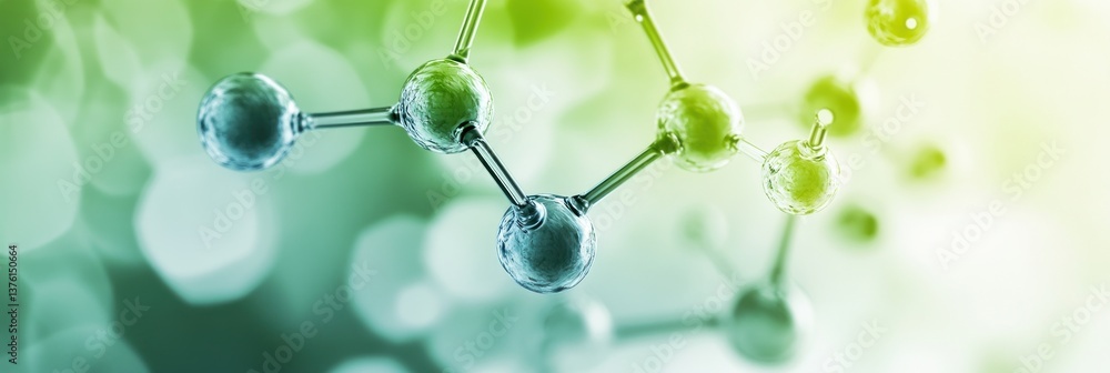 Poster molecular structure representation with vibrant green and blue bokeh background