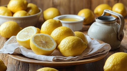 Fresh Lemons, Bowls, & Jug on Wooden Table