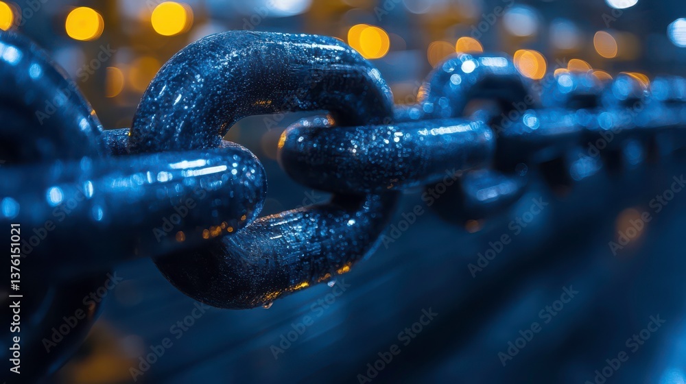 Poster macro view of a heavy, metallic chain with bokeh light effect on the background