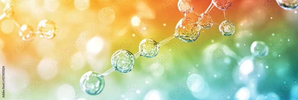 Poster molecular structure with transparent spheres and vibrant gradient background
