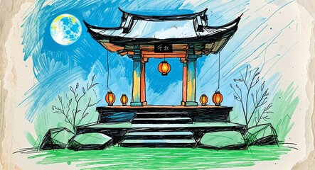 drawing Moonlit shrine with stone steps and glowing paper lanterns art child doodle artwork illustration art design