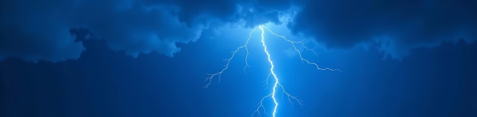 Close-up of blue lightning bolts striking through dark stormy sky with glowing light effects, weather, sky, ominous