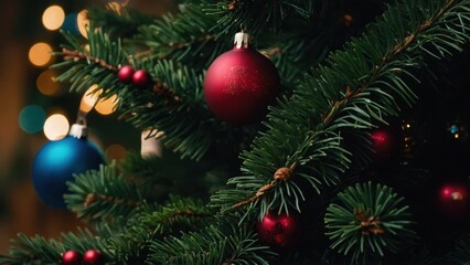 Festive Christmas Tree Decorations: Red and Blue Ornaments on Pine Branches in Soft Bokeh Lighting