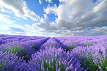 Fototapeta premium Blooming lavender field under cloudy sky creating scenic landscape