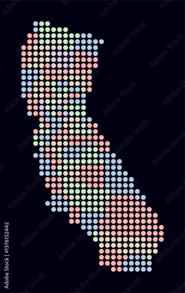 Poster california dotted map. digital style map of the state on dark background. california shape with circ