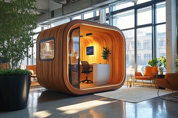 A modern office space featuring a wooden pod and seating area