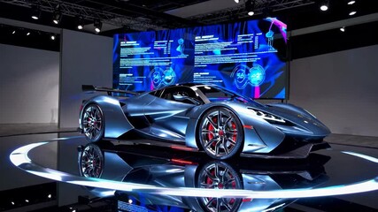 Sleek. Futuristic hypercar slowly rotates on a circular platform at a car show. Its advanced design and cutting edge technology showcased alongside digital specifications displayed on a large screen