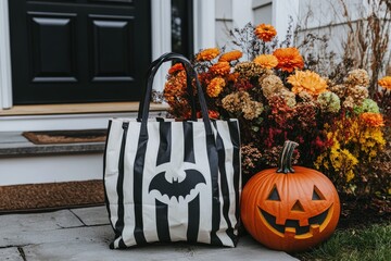 Obraz premium Halloween treat bag and pumpkin on a porch. Autumnal flowers add festive flair.