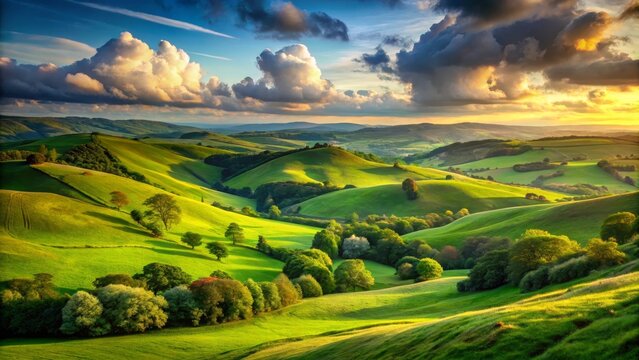 Golden Hour Illumination on Rolling Green Hills and Lush Meadows