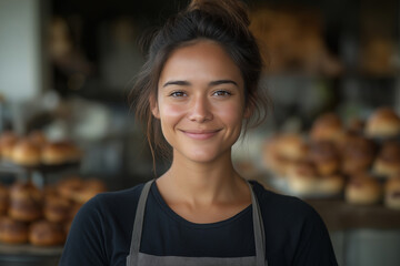 A woman with a black apron and a smile on her face