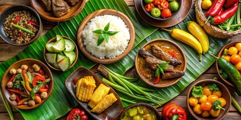Aromatic Cuisine Featuring Steamed Rice, Savory Curries, and Vibrant Vegetable Dishes Served on Tropical Leaves
