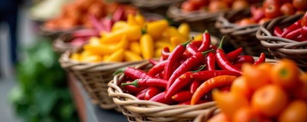 Fototapeta premium Close up of colorful chili peppers in traditional woven baskets at Indonesian market, peppers, Indonesian, traditional