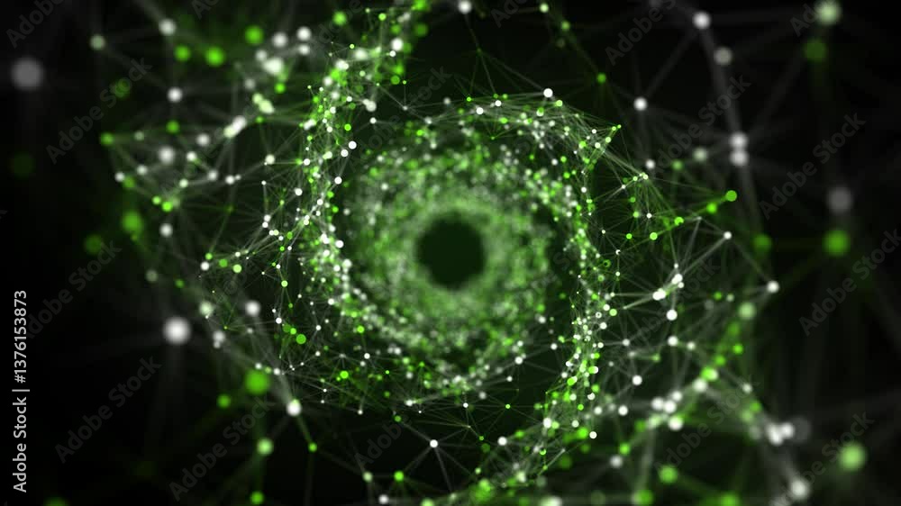 Poster Abstract circle speed tunnel with green light on black background. Science background with dots and lines moving in a spiral. Wormhole technology. Digital structure with particles. 3d rendering.