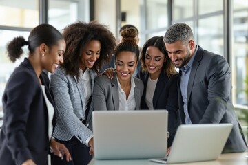 Group of professionals in formal attire gathered around laptops, engaging in teamwork in a bright modern office background. Concept of corporate success. Ai generative