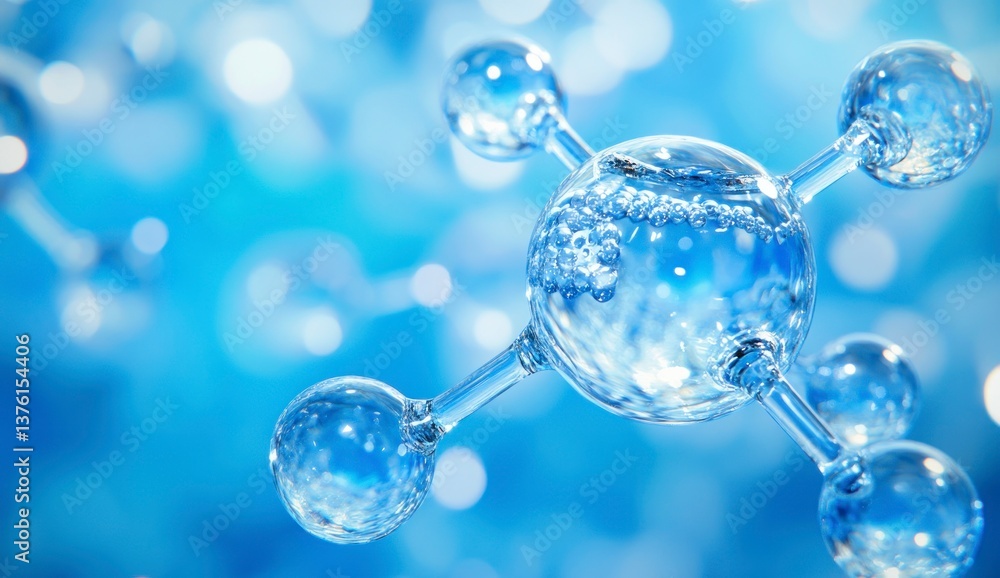Poster examining molecule structure with atoms and bonds against blue bokeh background