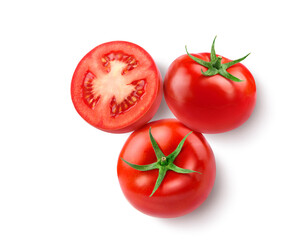 Top view of fresh juicy red Tomato with cut in half  isolated on white background.