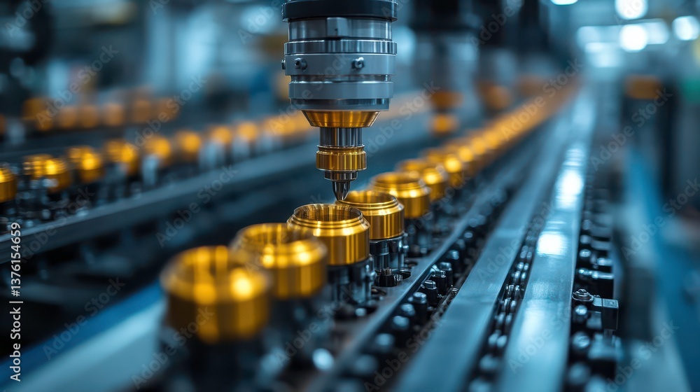 Poster automated precision: robotic arm manufacturing line producing golden components