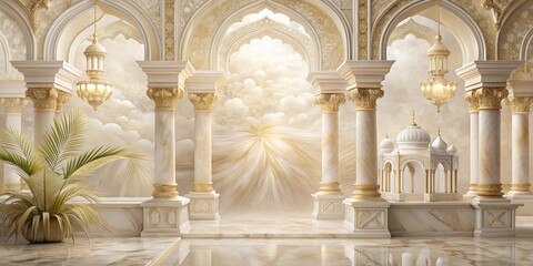 Serene Palace Hallway with Ornate Columns, Golden Accents, and Celestial Backdrop