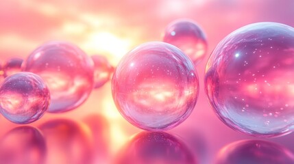 Abstract spheres, floating, sunset sky, reflection