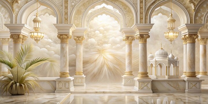 Serene Palace Hallway with Ornate Columns, Golden Accents, and Celestial Backdrop