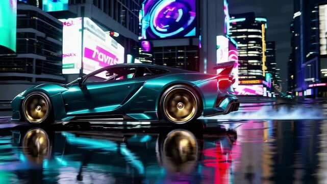 Sleek teal sports car drifting across glistening wet neon illuminated cyberpunk street, reflective asphalt capturing vibrant urban nighttime atmosphere with high tech futuristic design