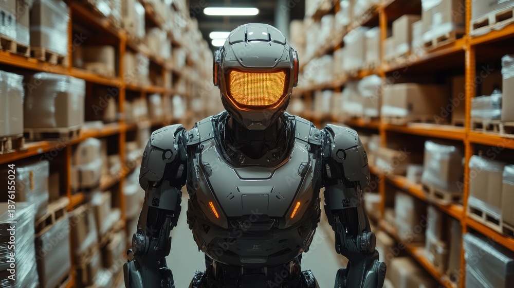 Poster a robotic delivery system is operational in a warehouse, navigating between shelves of packaged good