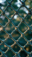 Fototapeta premium Knotted rope netting creates a geometric pattern against a blurred green forest, ideal for natural texture phone wallpapers.