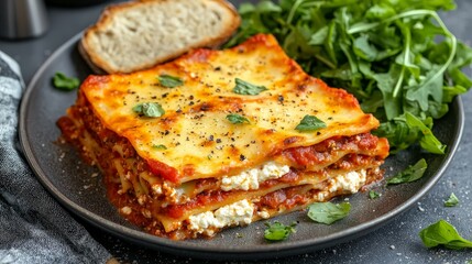 Lasagna with salad, plate, bread