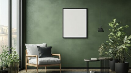 A minimalist living room with an olive green wall, showcasing a framed poster mockup in a pure white frame with a black border. The poster is ISO A paper size. illustration
