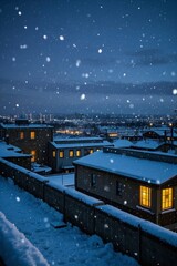 snowy night scene of a city with a lot of buildings