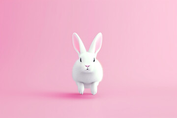 Fototapeta premium White bunny rabbit jumping on soft pastel pink background, cute animal spring and Easter concept