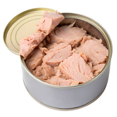 Realistic open tin can filled with chunks of canned tuna, featuring a soft pink texture and moist appearance, isolated on transparent background.