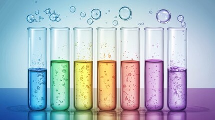 Colorful liquids in glass test tubes. Science experiment. illustration