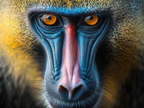 Close Up of Mandrill Monkey Face with Intense Gaze Animal Portrait