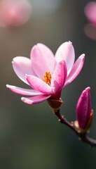 Fototapeta premium Close up of delicate pink magnolia bloom on branch in spring, nature, pink