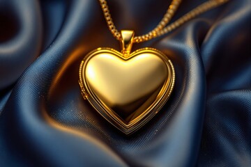 Heart-shaped golden locket with a chain resting on elegant dark blue silk fabric background, symbolizing love, romance, and luxury. Ai generative