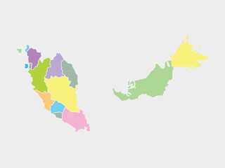 Colored map of Malaysia divided into states and territories. White flat design isolated on a white background. Highly detailed illustration