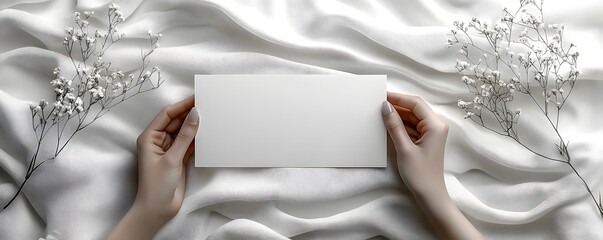 A simple elegant white card resting on a soft draped fabric  long title A blank white card or certificate is held gently in hands against a