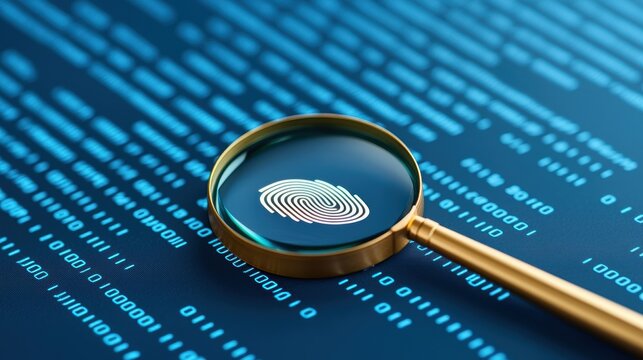 A magnifying glass reveals a fingerprint over a digital background filled with binary code, symbolizing forensic analysis and digital security.