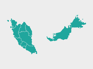 Obraz premium Turquoise map of Malaysia divided into states and territories. White flat design isolated on a white background. Highly detailed illustration