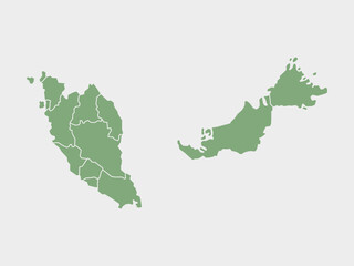 Fototapeta premium Green map of Malaysia divided into states and territories. White flat design isolated on a white background. Highly detailed illustration