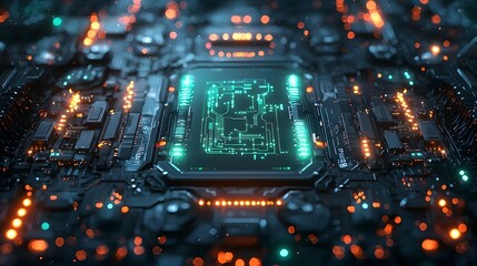 Futuristic circuit board frame on a digital grid background