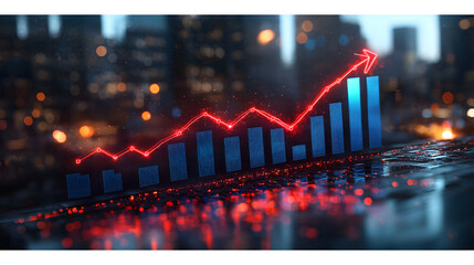 Glowing Bar Chart and Rising Red Line Graph on a Dark Background. Business and Finance Data Visualization