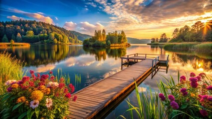 Fototapeta premium Serene Sunset Over a Calm Lake with Wooden Dock and Vibrant Flowers