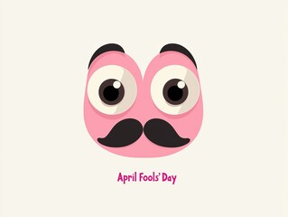 Flat vector logo of a nose with a mustache and big eyes in a pastel color palette, featuring the text "April Fools' Day" in a simple and minimalistic design. 